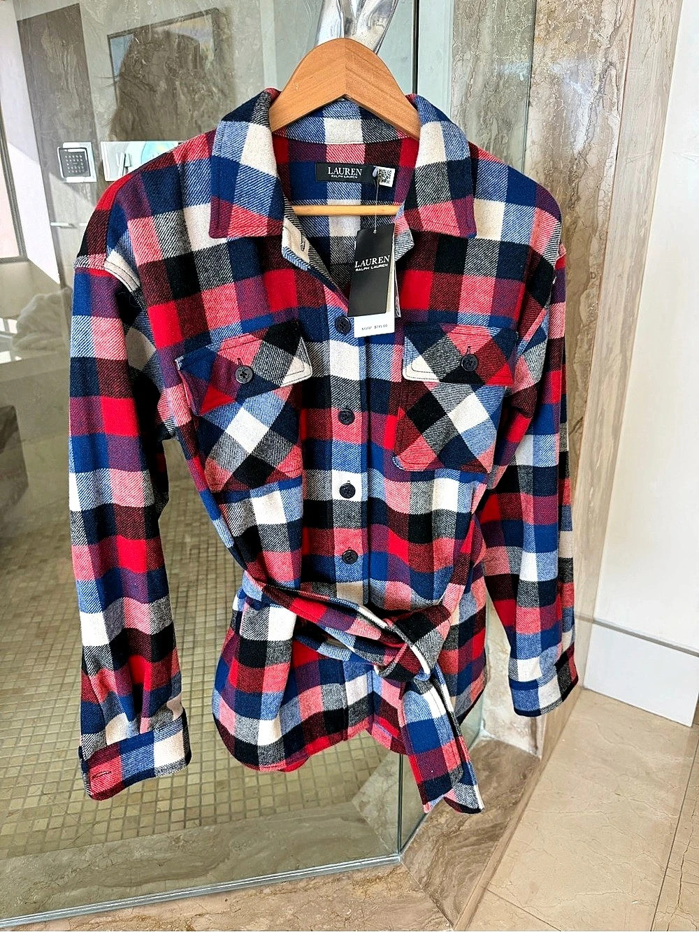 Stunning Lauren Ralph Lauren Plaid Belted Jacket in Red & Blue Size Large NWT